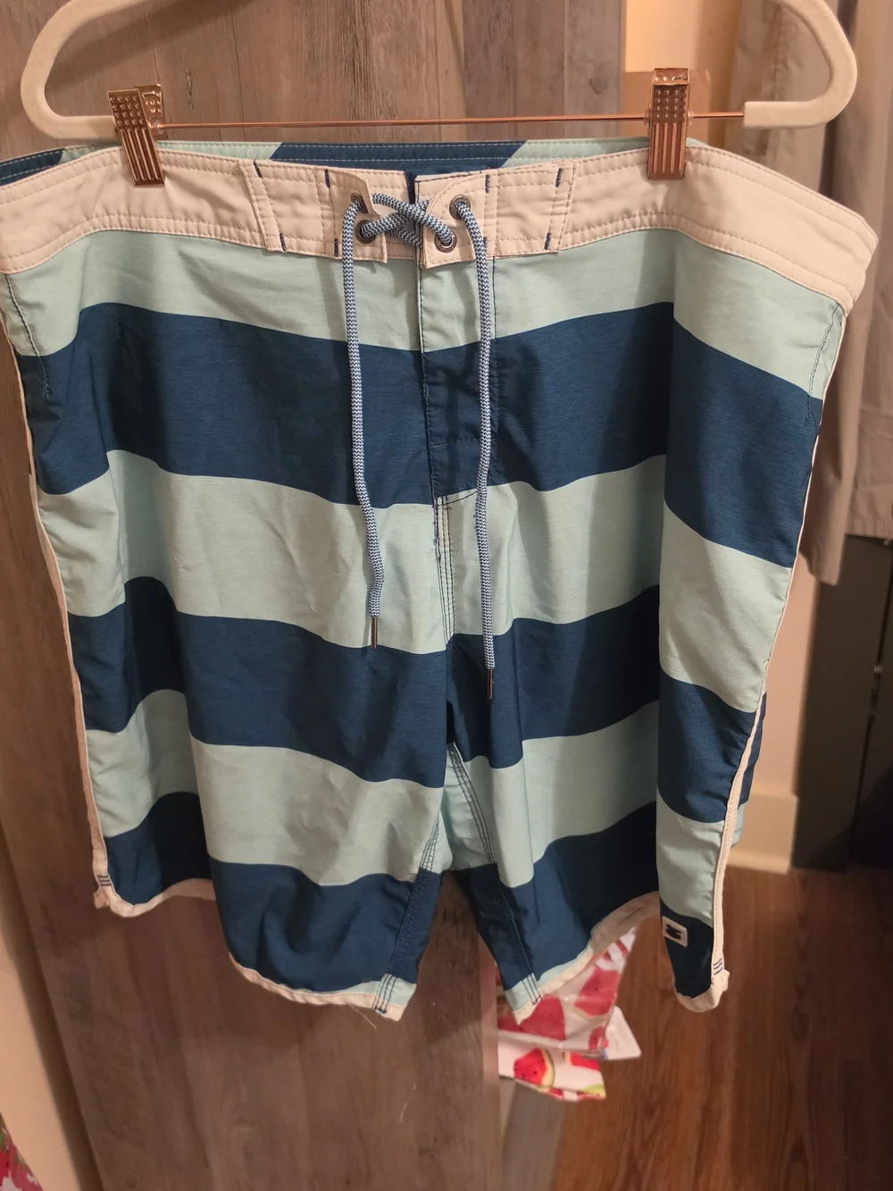 Men's Striped Blue Board Shorts with Drawstring